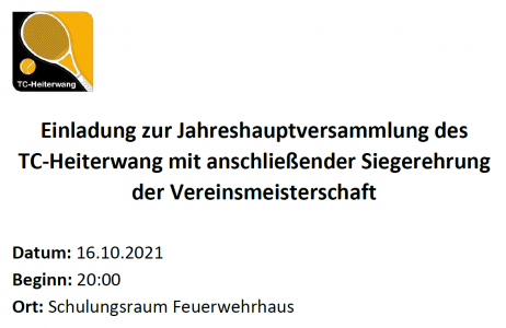 Einladung zur Jahreshauptversammlung des TC-Heiterwang mit anschließenden Siegerehrung der Vereinsmeisterschaft